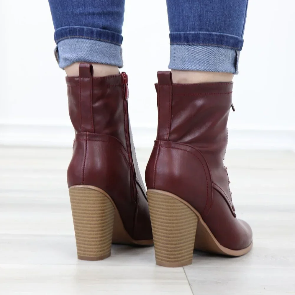 Lace-Up Block Cone High Heeled Ankle Boots Synthetic Leather - Picture 8 of 15